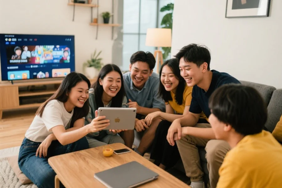 一群多元化的亚洲年轻人在现代客厅快乐地围坐在一起，通过平板电脑享受线上娱乐平台，氛围轻松愉快